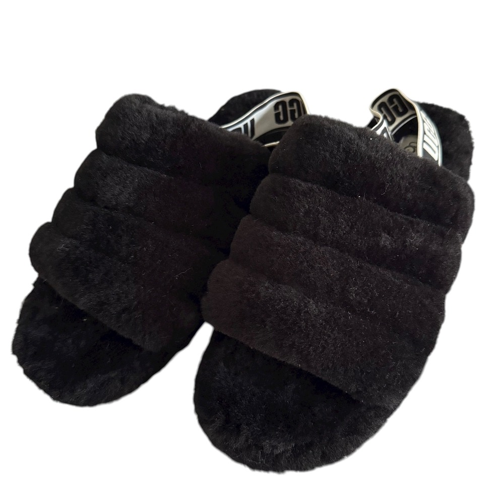 UGG Black Fluff Yeah Ladies Slide Slippers Plush Sheepskin Logo, 11